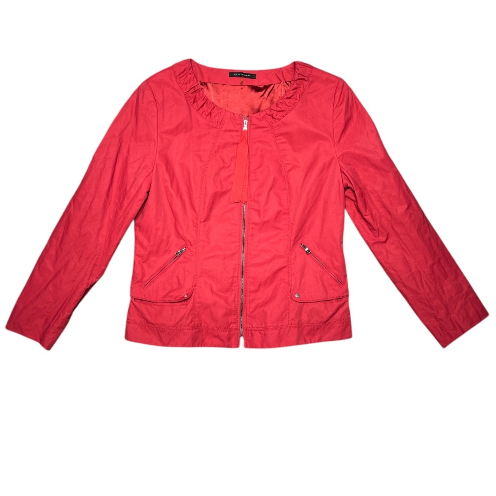 Elie Tahari Size L Jacket Red Full Zip Up Shoulder Pads Pockets Womens Coat